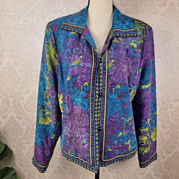 City Girl Nancy Bolen Sz Large Silk Jacket Beaded Sequins Turq Purple Green Vtg - Picture 1 of 16
